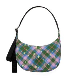 BAGGU Medium Nylon Crescent Bag Green Star Plaid