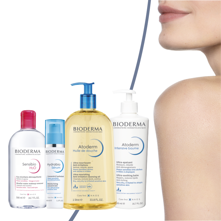 Bioderma products with woman and her shouders