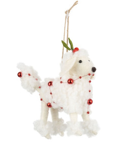 Silver Tree Felt Ornament White Poodle + Holly Hat