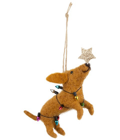 Silver Tree Felt Ornament Tan Dog + Christmas Lights