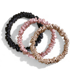 HoneyLux SKINNY Organic Silk Scrunchie Set Black, Champagne & Pink
