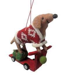 Silver Tree Felt Dog on Scooter Ornament Brown/Red