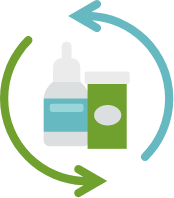icon of medication with green and blue arrows moving around them counter clockwise