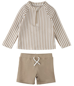 Petit Lem Swim Rashguard Set Seersucker Taupe Stripe & Sand