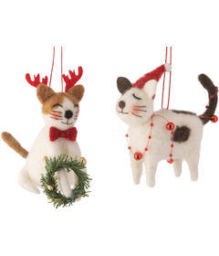 Ornement en feutre argenté pour arbre, chat blanc