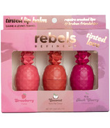 Rebels Refinery Trio de baumes à lèvres teintés en forme d'ananas, fraise, coco, cerise noire