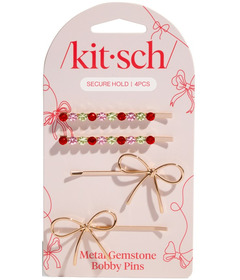 Kitsch Metal Gemstone & Bow Bobby Pin Set Red, Pink & Green