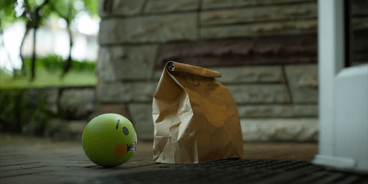 green ball with face and take out bag on front door step