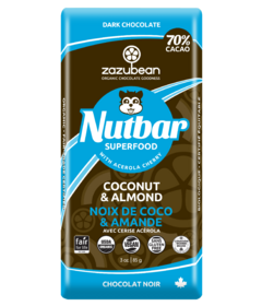 Barre de noix de coco et amandes zazubean 70 % de chocolat au cacao