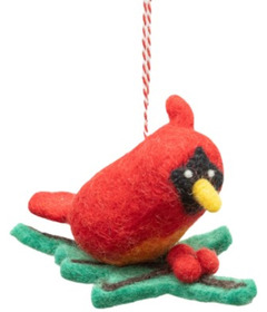 Silver Tree Felt Cardinal on Holly Leaves Ornament Red and Green