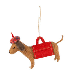 Silver Tree Felt Dachshund Ornament in Carrying Suit with Beret