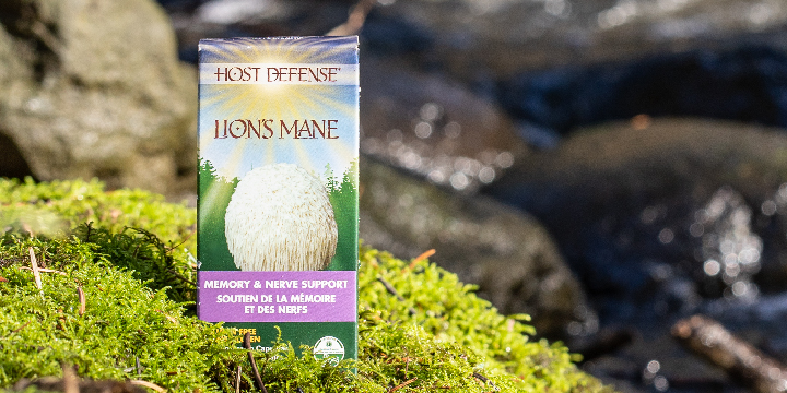 Host Defense product photographed on rocks with moss