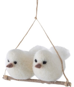 Silver Tree Felt Birds on Hanging Branch Ornament Snowy White