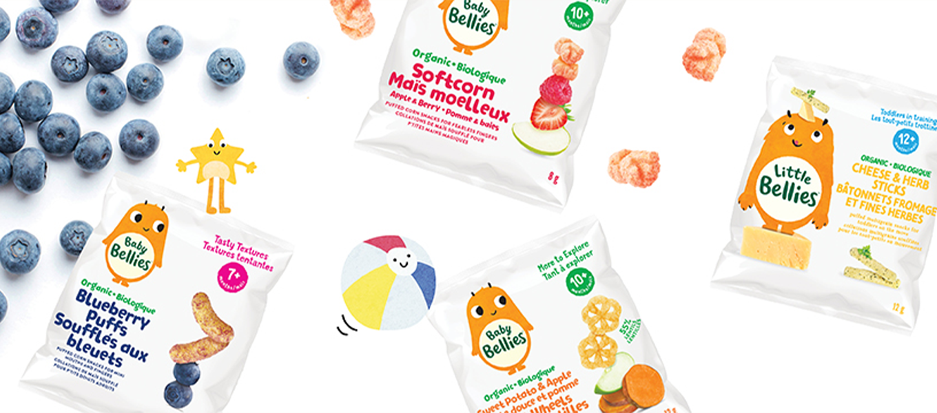 Little Bellies products with blueberries and monster illustration