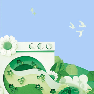 green and blue illustration of washer with village on the right