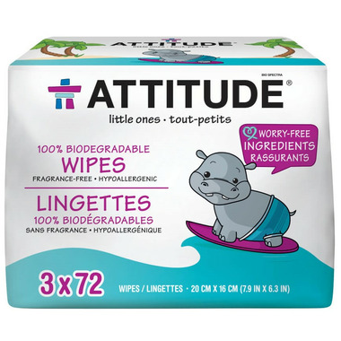 Attitude Eco Wipes Lingettes, Biodegradable 72 Count 3 Pack