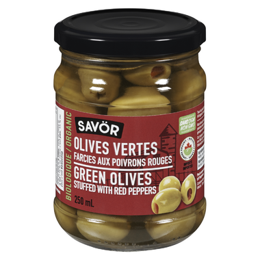 Savor Organic Green Olives Stuffed with Red Peppers Savor Organic Green Olives Stuffed with Red Peppers