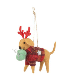 Silver Tree Felt Dog Ornament in Plaid Sweater with Antlers and Gift Red