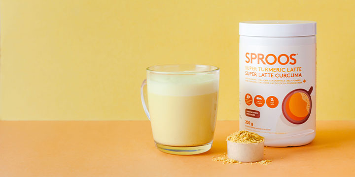 sproos product with tumeric latte next to it
