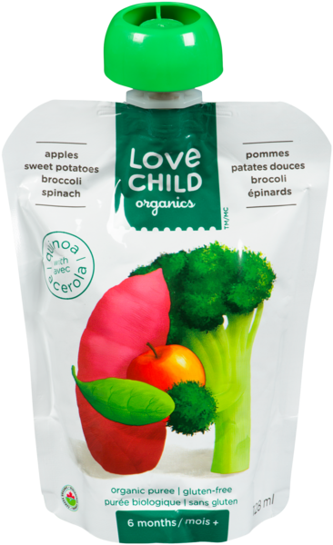 Love Child Organics Purée Biologique Pommes, Patates Douces, Brocoli, Épinards 6 Mois+ 128 ml