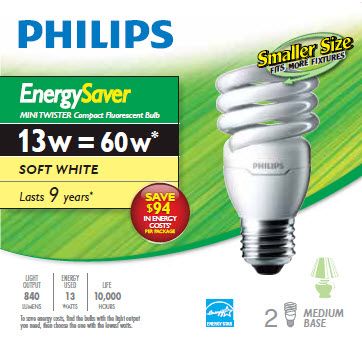 Philips - 60W CFL Mini Twist - Soft White