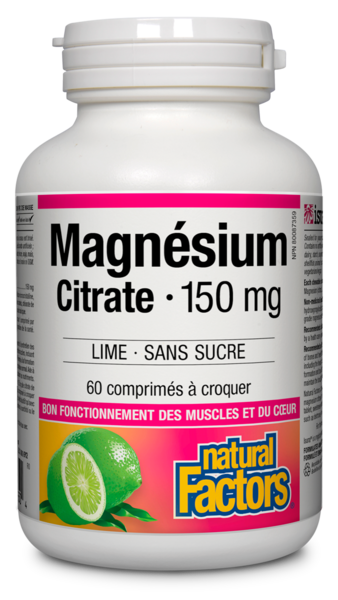Natural Factors Magnésium Citrate  150 mg  60 comprimés à croquer lime · sans sucre