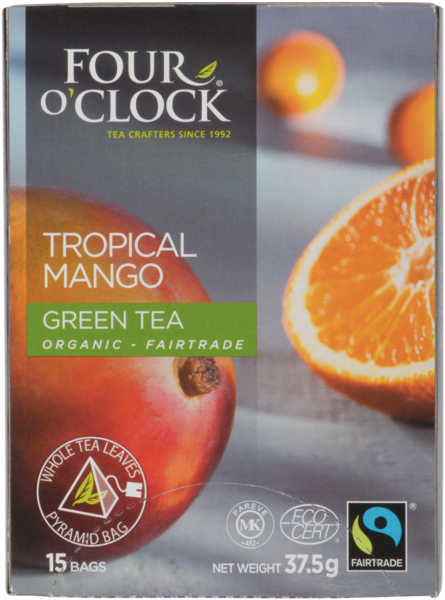 Four O'Clock Organic - Fairtrade Tropical Mango Green Tea 15 Bags 37.5 g