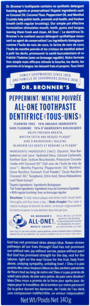Dr. Bronner's Dentifrice «Tous-Unis» Menthe Poivrée 140 g