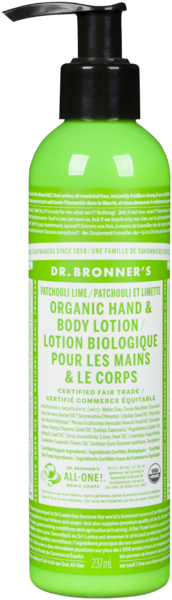Dr. Bronner's Lotion Biologique pour les Mains & le Corps Patchouli et Limette 237 ml