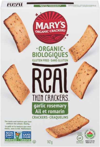 Mary's Organic Crackers Real Thin Crackers Craquelins Ail et Romarin Biologiques 142 g