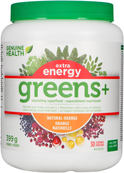 Genuine Health Poudre de superalimentation Greens+ Extra Energy orange