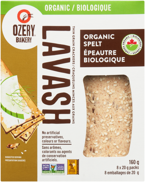 Ozery Bakery Lavash Craquelins Minces aux Grains Épeautre Biologique 8 Emballages x 20 g (160 g)