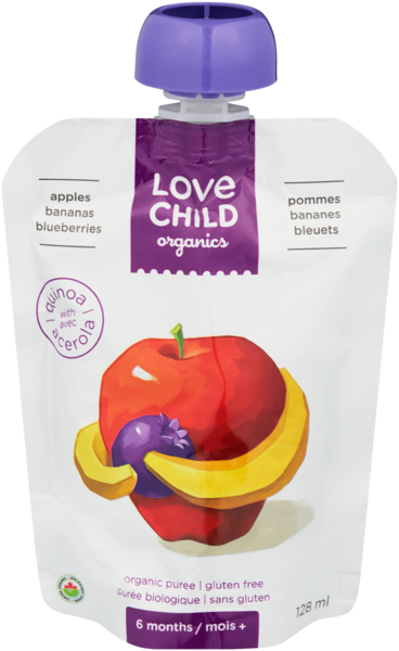 Love Child Organics Purée Biologique Pommes, Bananes, Bleuets 6 Mois+ 128 ml