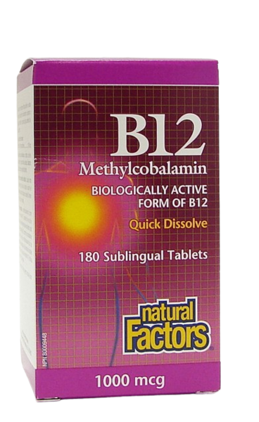 Natural Factors B12 Méthylcobalamine  1 000 mcg  180 comprimés sublinguaux