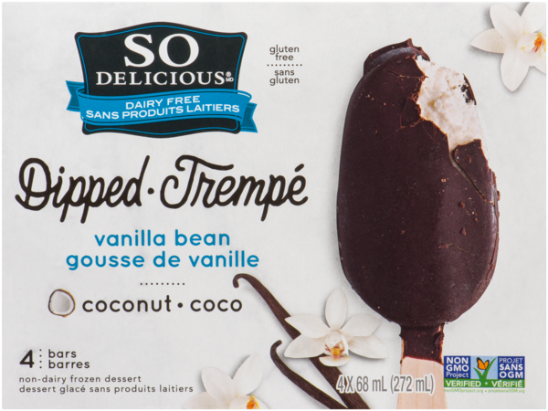 So Delicious Sans Produits Laitiers Trempé Dessert Glacé Sans Produits Laitiers Gousse de Vanille Coco 4 Barres x 68 ml (272 ml)