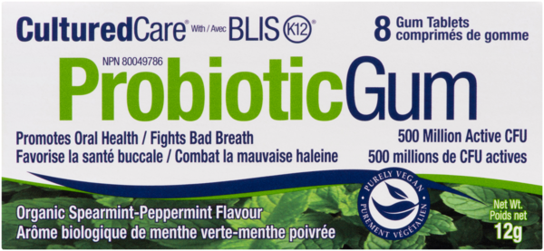 CulturedCare ProbioticGum avec Blis K12 Arôme Biologique de Menthe Verte-Menthe Poivrée 8 Gum Tablets 12 g