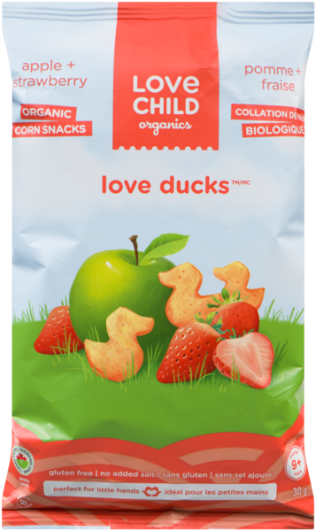 Love Child Organics Love Ducks Collation de Maїs Biologique Pomme + Fraise 9+ Mois 30 g