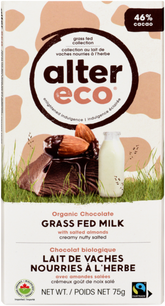 Alter Eco Chocolat Biologique Lait de Vaches Nourries à l'Herbe avec Amandes Salées 75 g