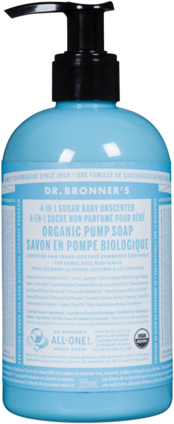 Dr. Bronner's Savon en Pompe Biologique 4-en-1 Sucre non Parfumé pour Bébé 355 ml