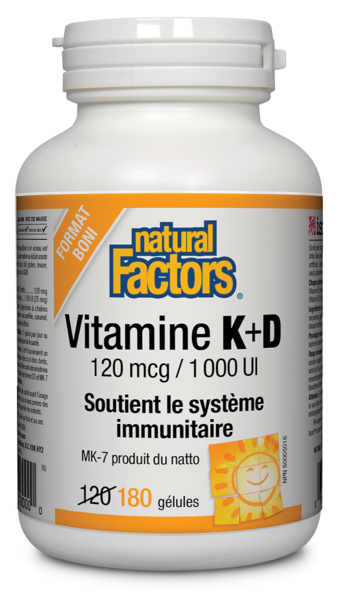 Natural Factors Vitamine K+D  120 mcg / 1 000 UI   180 gélules