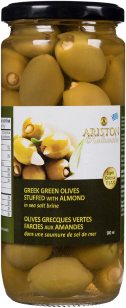 Ariston Olives Grecques Vertes Farcies aux Amandes-Saumure de Sel de Mer