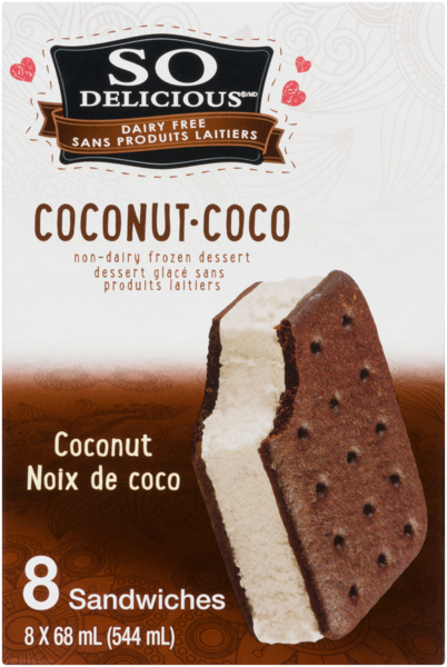 So Delicious Sans Produits Laitiers Dessert Glacé Sans Produits Laitiers Noix de Coco 8 Sandwiches x 68 ml (544 ml)