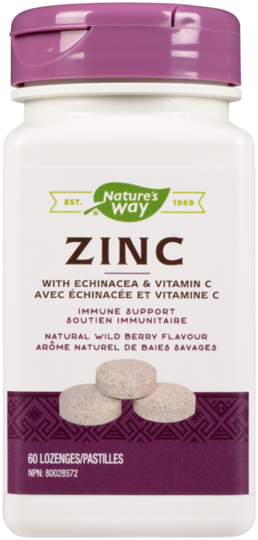 Nature's Way Zinc avec Échinacée et Vitamine C Arôme Naturel de Baies Savages 60 Pastilles