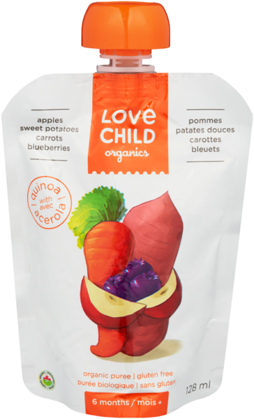 Love Child Organics Purée Biologique Pommes, Patates Douces, Carottes, Bleuets 6 Mois+ 128 ml