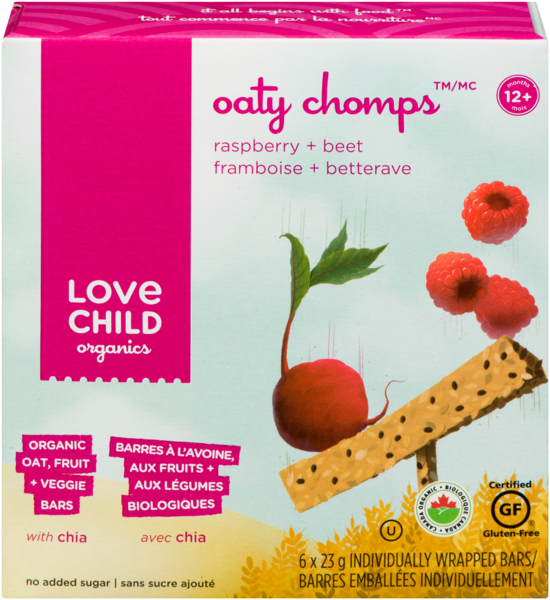 Love Child Organics Oaty Chomps Barres à l'Avoine, aux Fruits + aux Légumes Biologiques Framboise + Betterave 12+ Mois 6 Barres 