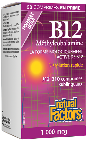 Natural Factors B12 Méthylcobalamine  1 000 mcg  210 comprimés sublinguaux