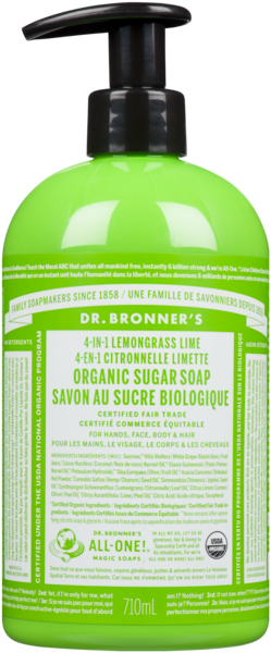 Dr. Bronner's Savon au Sucre Biologique 4-en-1 Citronnelle Limette 710 ml