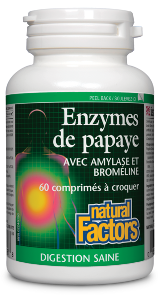 Natural Factors Enzymes de papaye avec amylase et broméline   60 comprimés à croquer