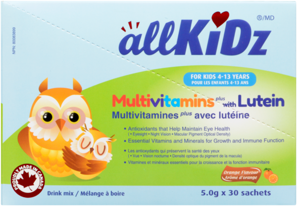 allKiDz Mélange à Boire Multivitamines Plus avec Lutéine Arôme d'Orange pour les Enfants 4-13 Ans 30 Sachets x 5.0 g