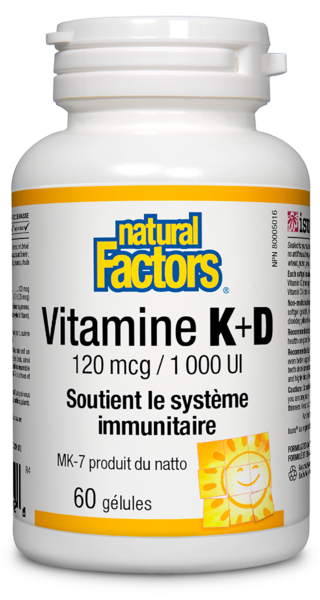 Natural Factors Vitamine K+D  120 mcg / 1 000 UI   60 gélules